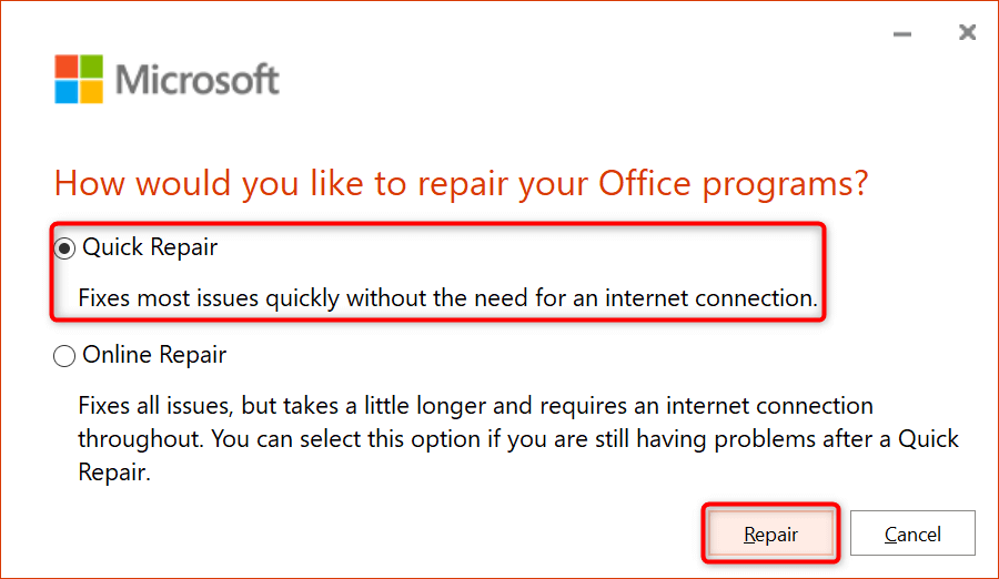 Choose the Repair option and follow the on-screen instructions.
Restart your computer and check if the Outlook problems are resolved.