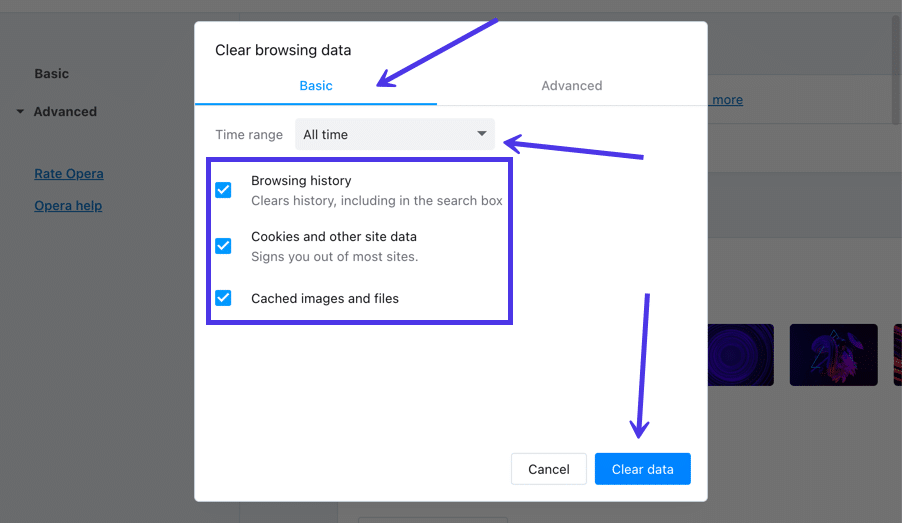 Choose the time range for which you want to clear the data.
Click on the Clear data button.