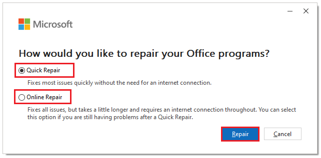 Click on the Change button at the top.
Select Repair and then follow the on-screen instructions to repair Outlook.