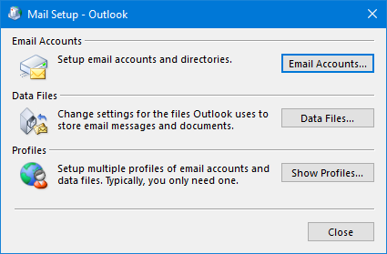 Close Outlook and go to the Control Panel.
Search for "Mail" and open the "Mail (Microsoft Outlook)" option.