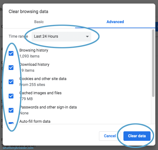 Ensure the Browsing history and Cookies and other site data options are selected
Click on Clear data to confirm