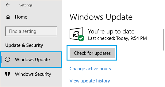 Go to the Start menu and click on "Settings".
Select "Update & Security" and click on "Check for updates".