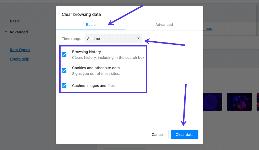 In the popup window, select the time range for which you want to clear the cache.
Check the box next to Cached images and files.