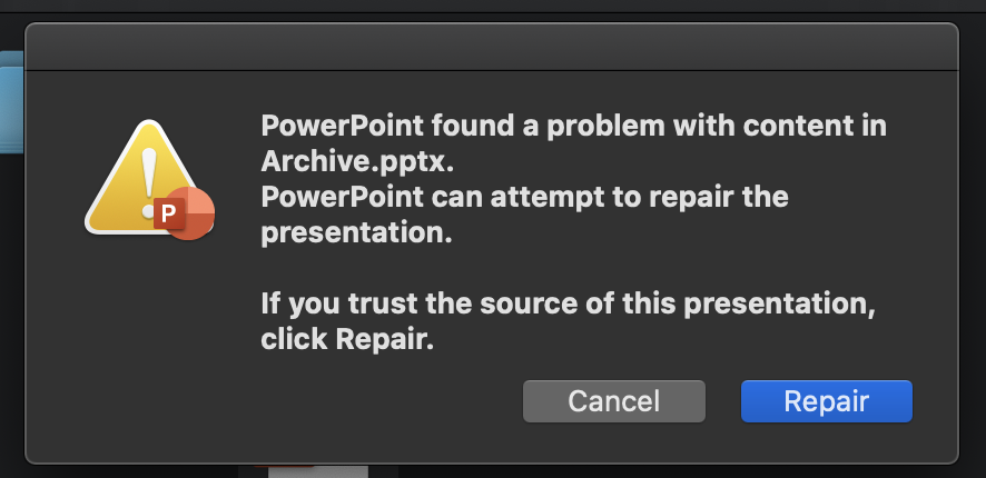 Make a copy of the PowerPoint file that is showing the error.
Change the file extension from .pptx to .zip.