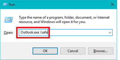 Press Windows + R to open the Run dialog box.
Type Outlook /safe and click OK.