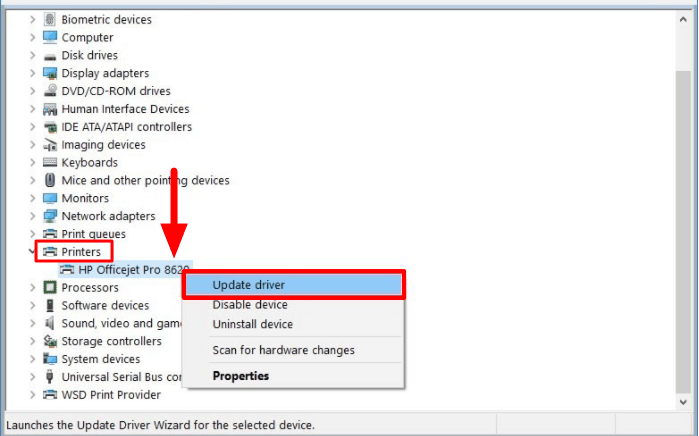 Right-click on your Canon printer and select "Update driver" from the context menu.
Choose the option to automatically search for updated driver software.