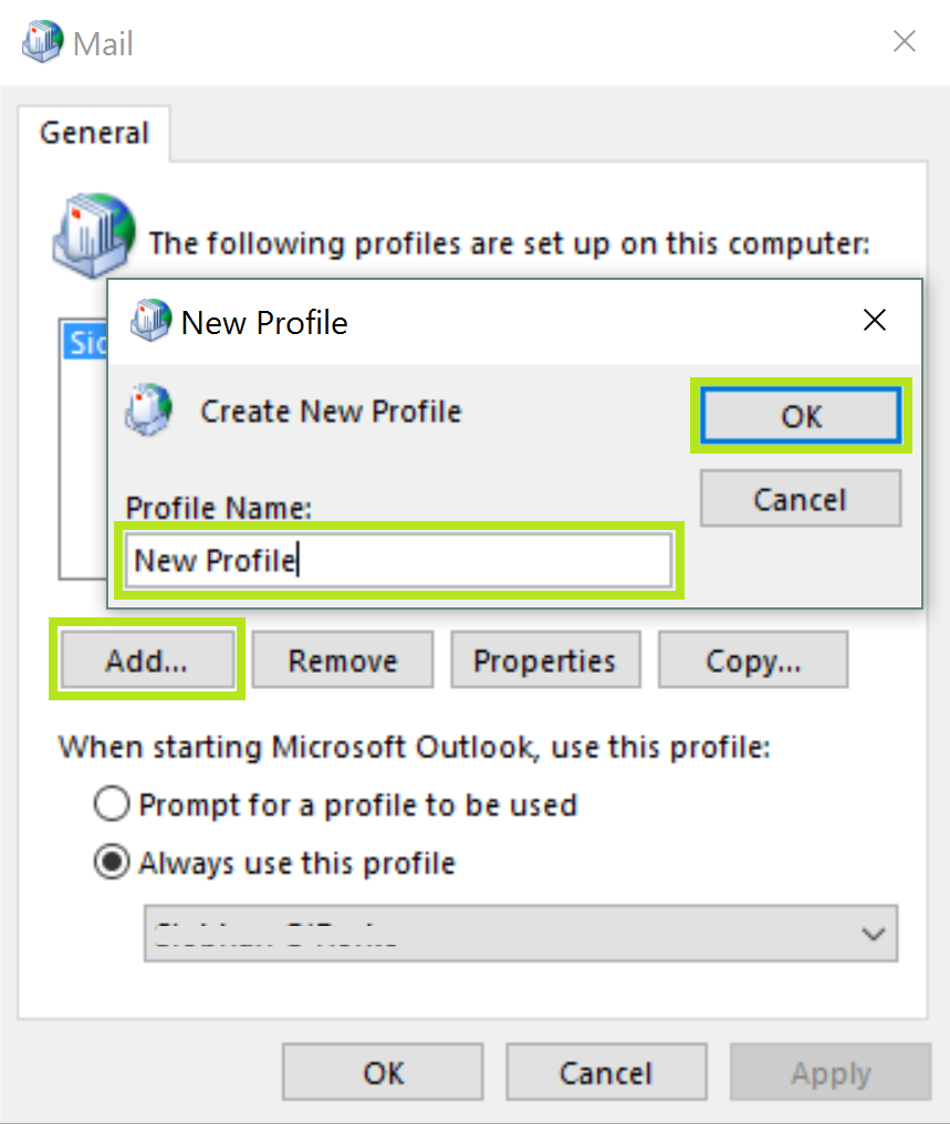 Select your Outlook profile and click on Remove.
Confirm the removal and then click on Add to create a new profile.