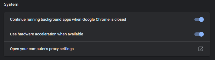 Under the "System" section, toggle off the "Use hardware acceleration when available" option.
Restart Chrome and check if the black screen issue is resolved.