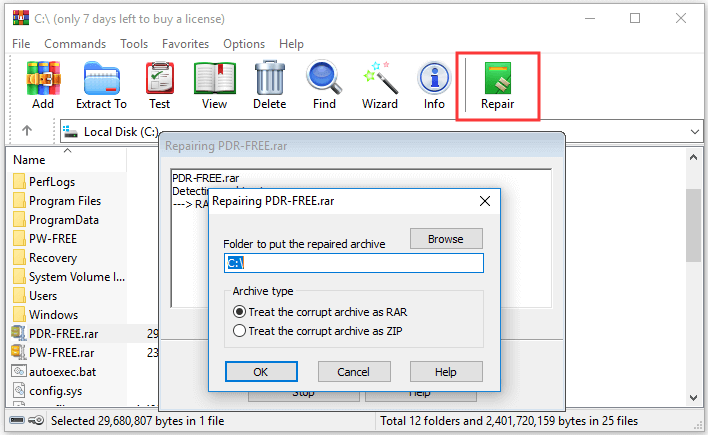 Wait for the program to analyze and repair any corrupted files within the RAR archive.
Once the repair process is complete, attempt to extract the files again.